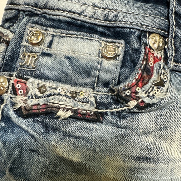 Miss Me Distressed Blue Jean Shorts with Red Plaid Accents Size 29 - Picture 6 of 9